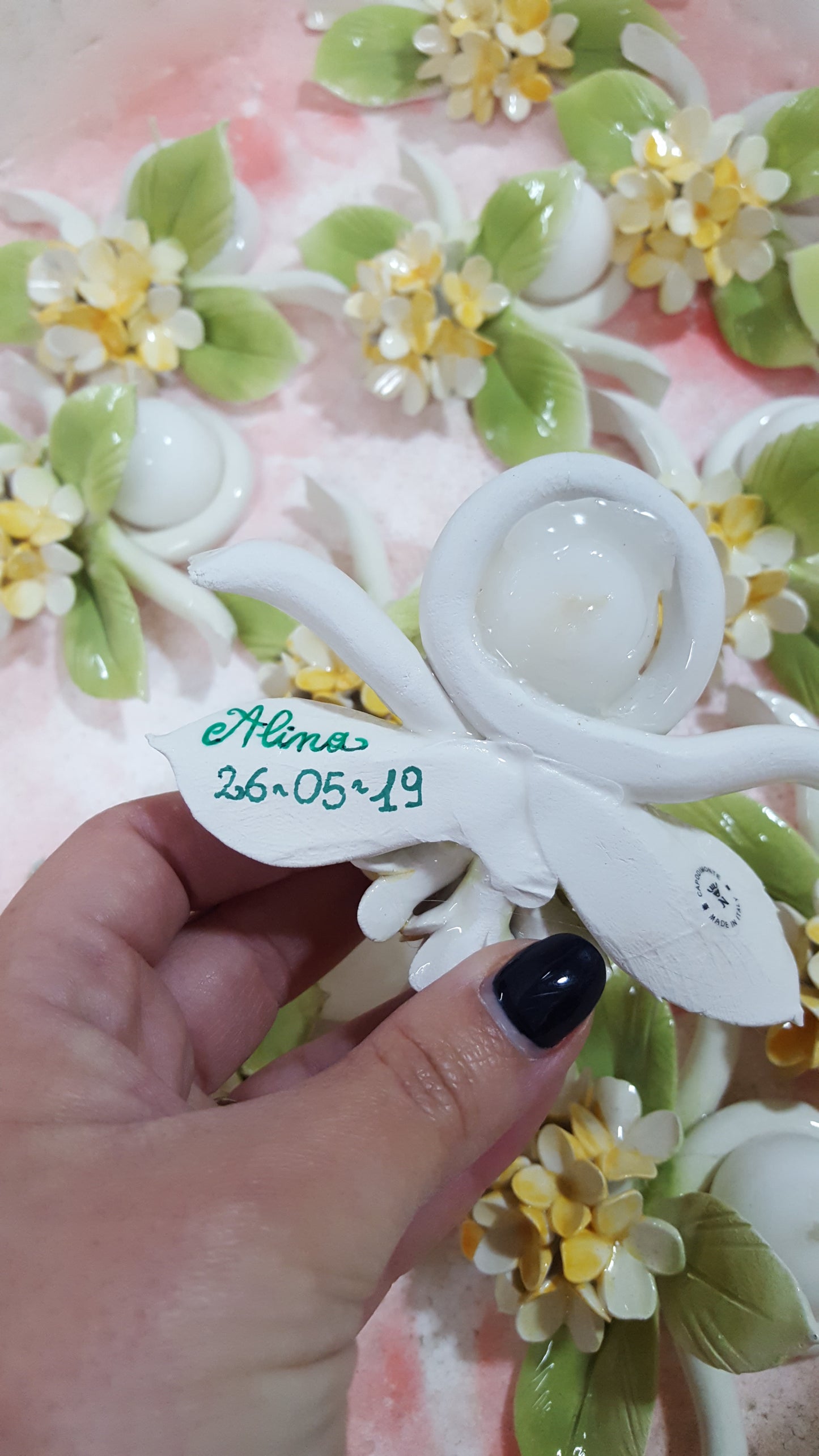 Portacandela con ortensia in ceramica