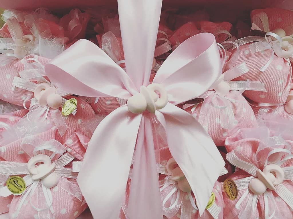Sacchetto rosa/cielo con gessetto baby