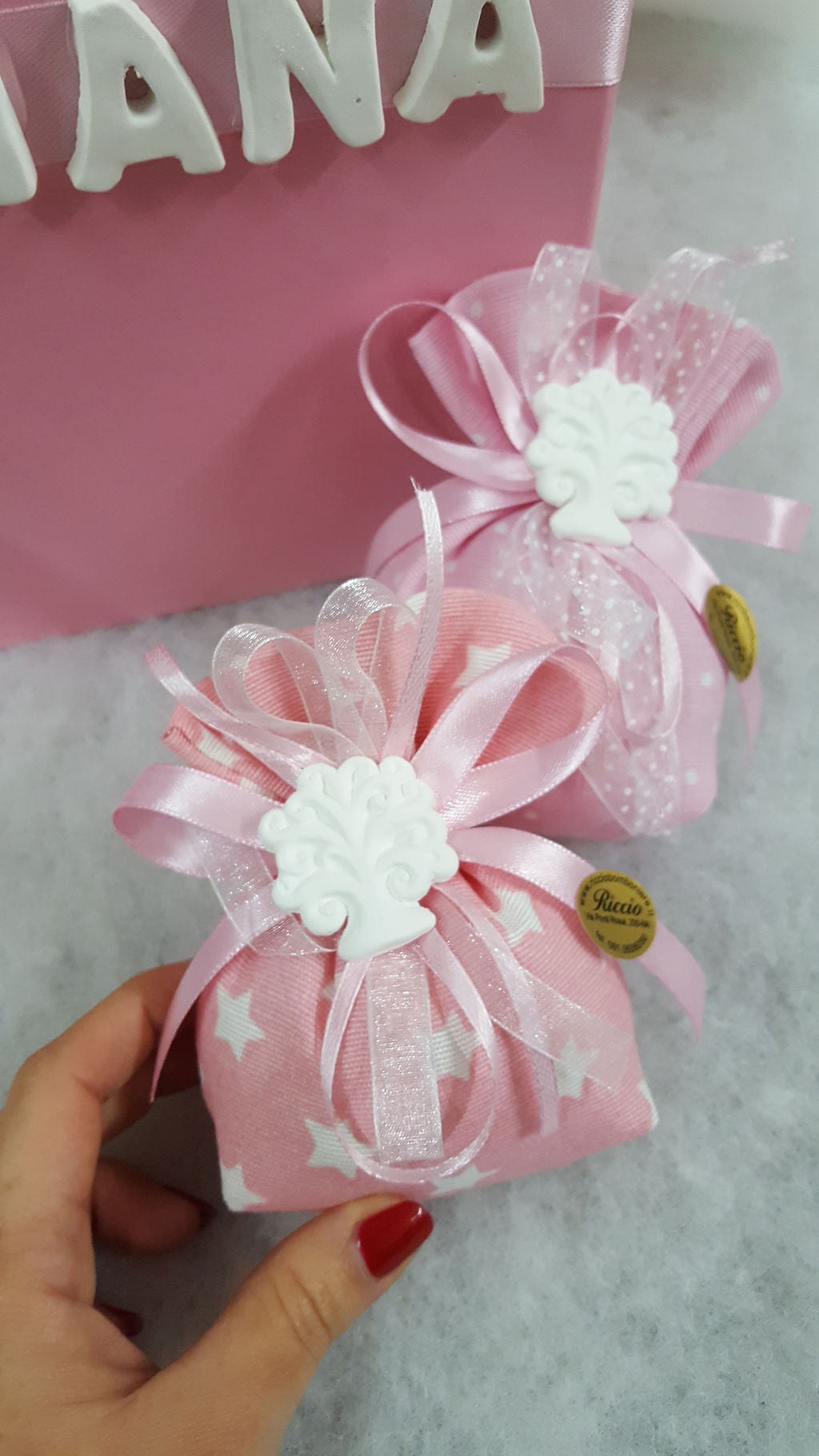 Sacchetto rosa/cielo con gessetto baby