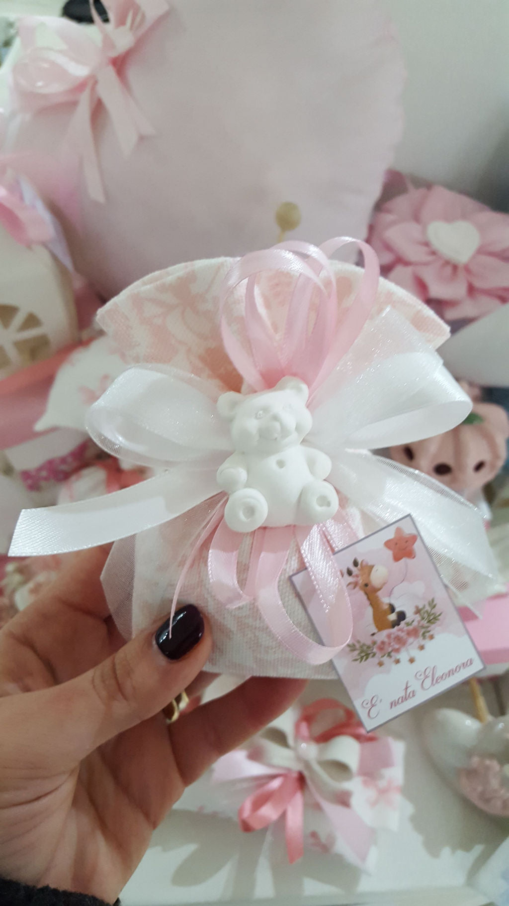 Sacchetto rosa/cielo con gessetto baby