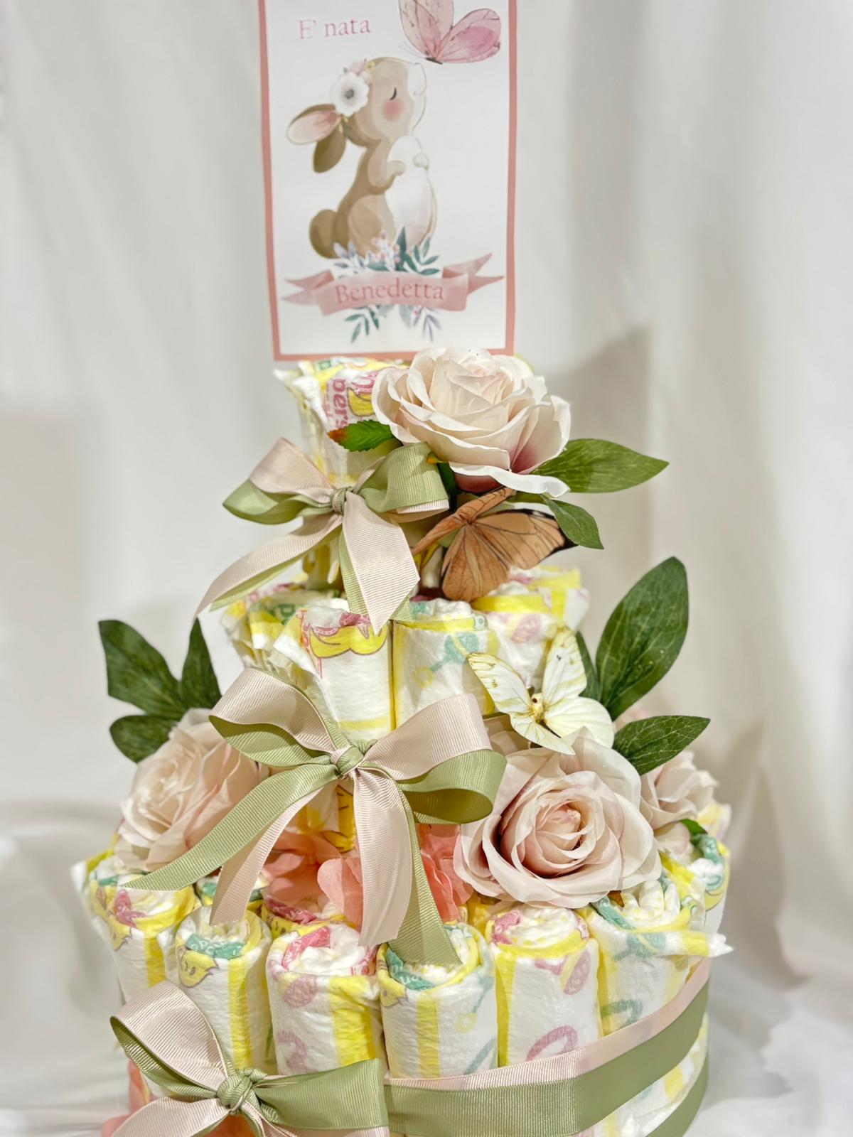 Nascita a tema coniglio: bomboniere, scatola cameretta, fiocco nascita, torta di pannolini