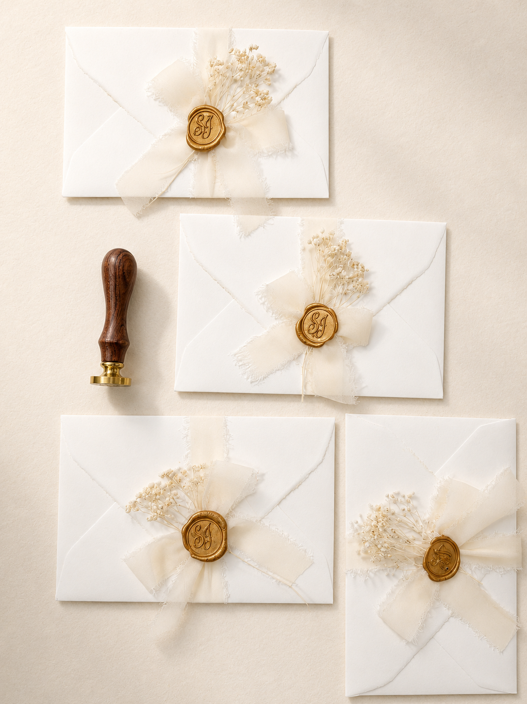 Partecipazione carta Amalfi con sigillo nebbiolina e nastro di chiffon