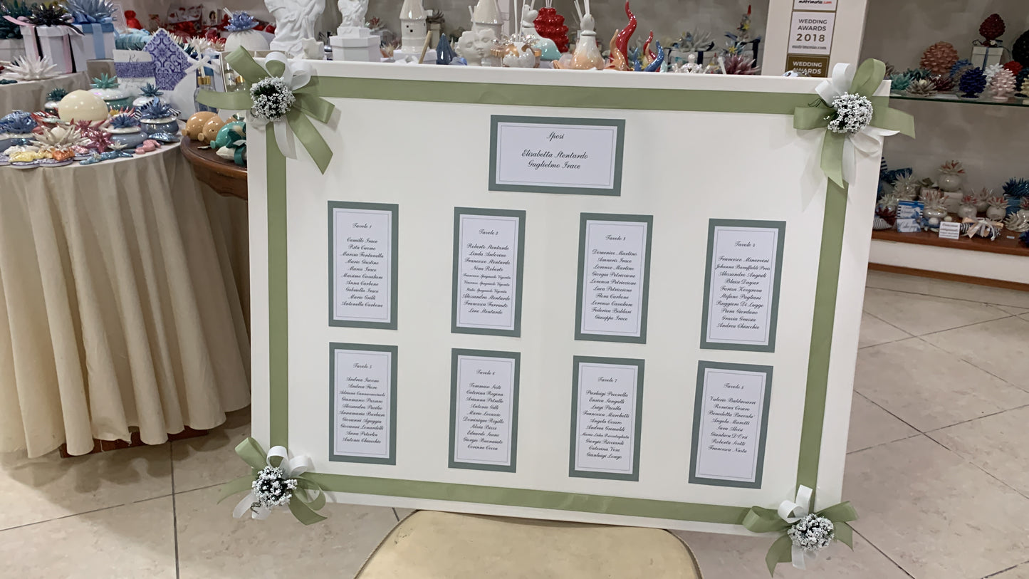 Lavoro grafico completo: tag segnaposto, segnatavolo, menu e tableau de mariage