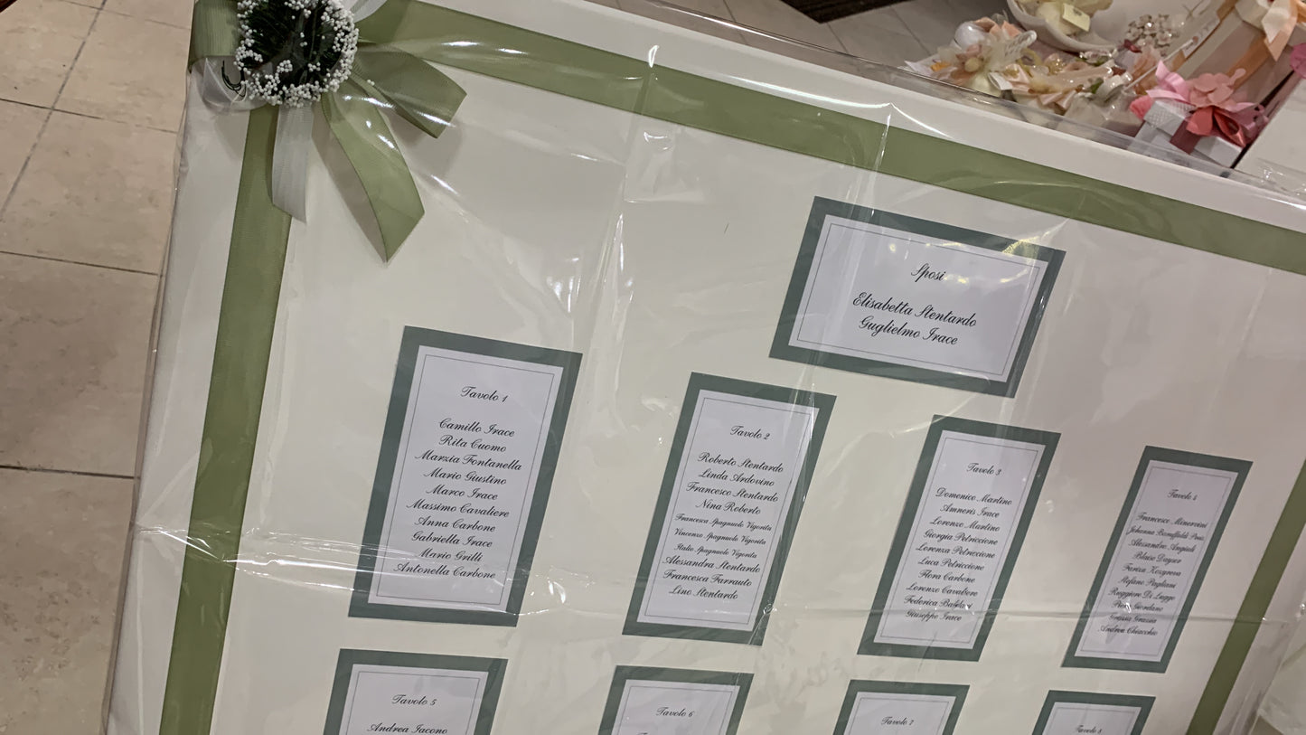 Lavoro grafico completo: tag segnaposto, segnatavolo, menu e tableau de mariage