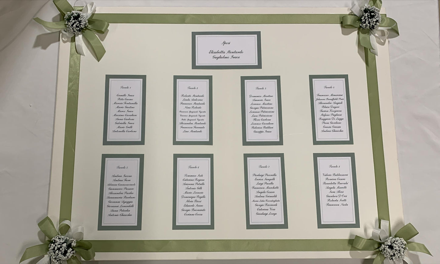 Lavoro grafico completo: tag segnaposto, segnatavolo, menu e tableau de mariage