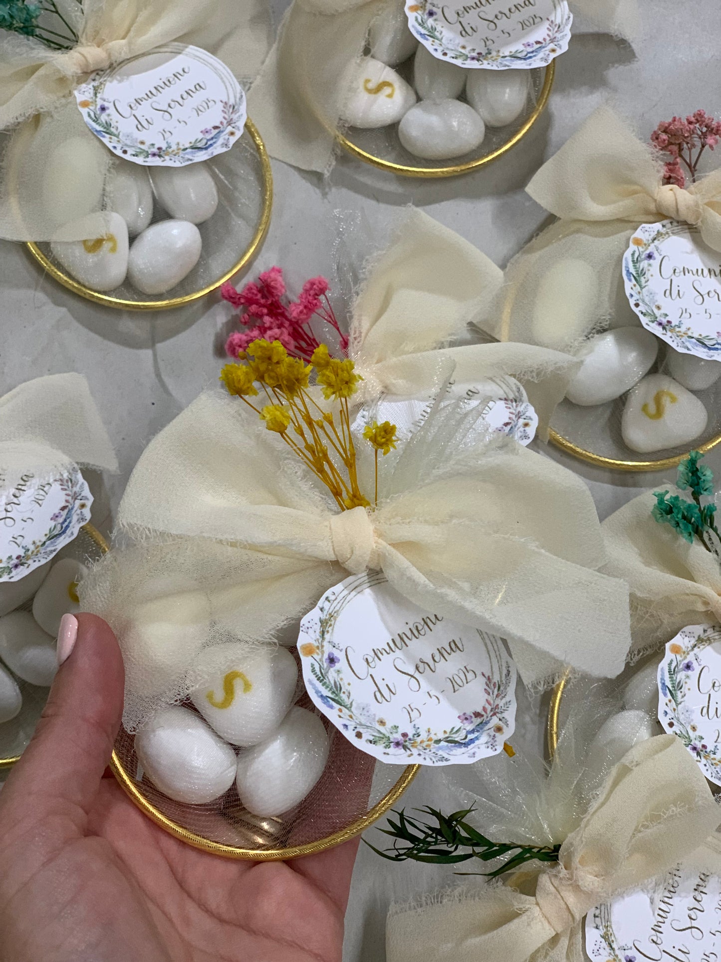 Cerchio metallo comunione con nastro chiffon di seta
