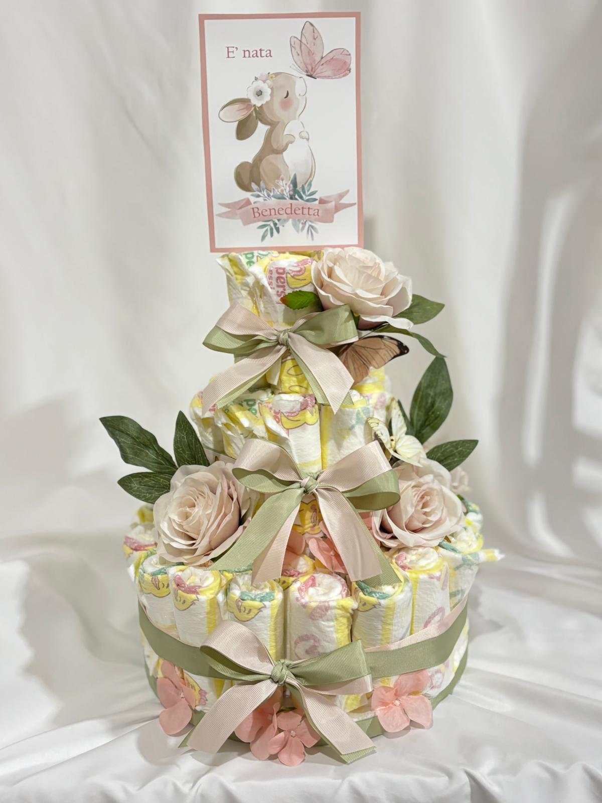 Nascita a tema coniglio: bomboniere, scatola cameretta, fiocco nascita, torta di pannolini